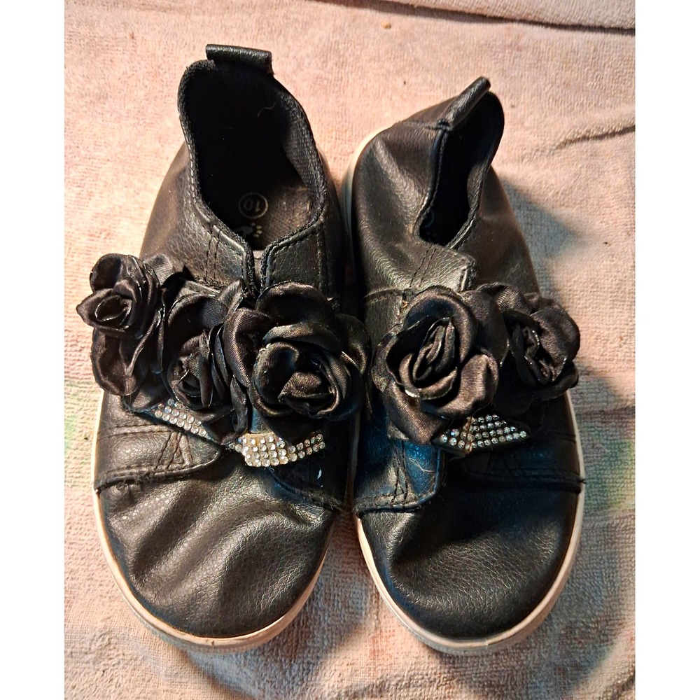 OshKosh B'gosh Kids Casual Sneakers US 10 Black Faux Leather Flower Rhinestone
